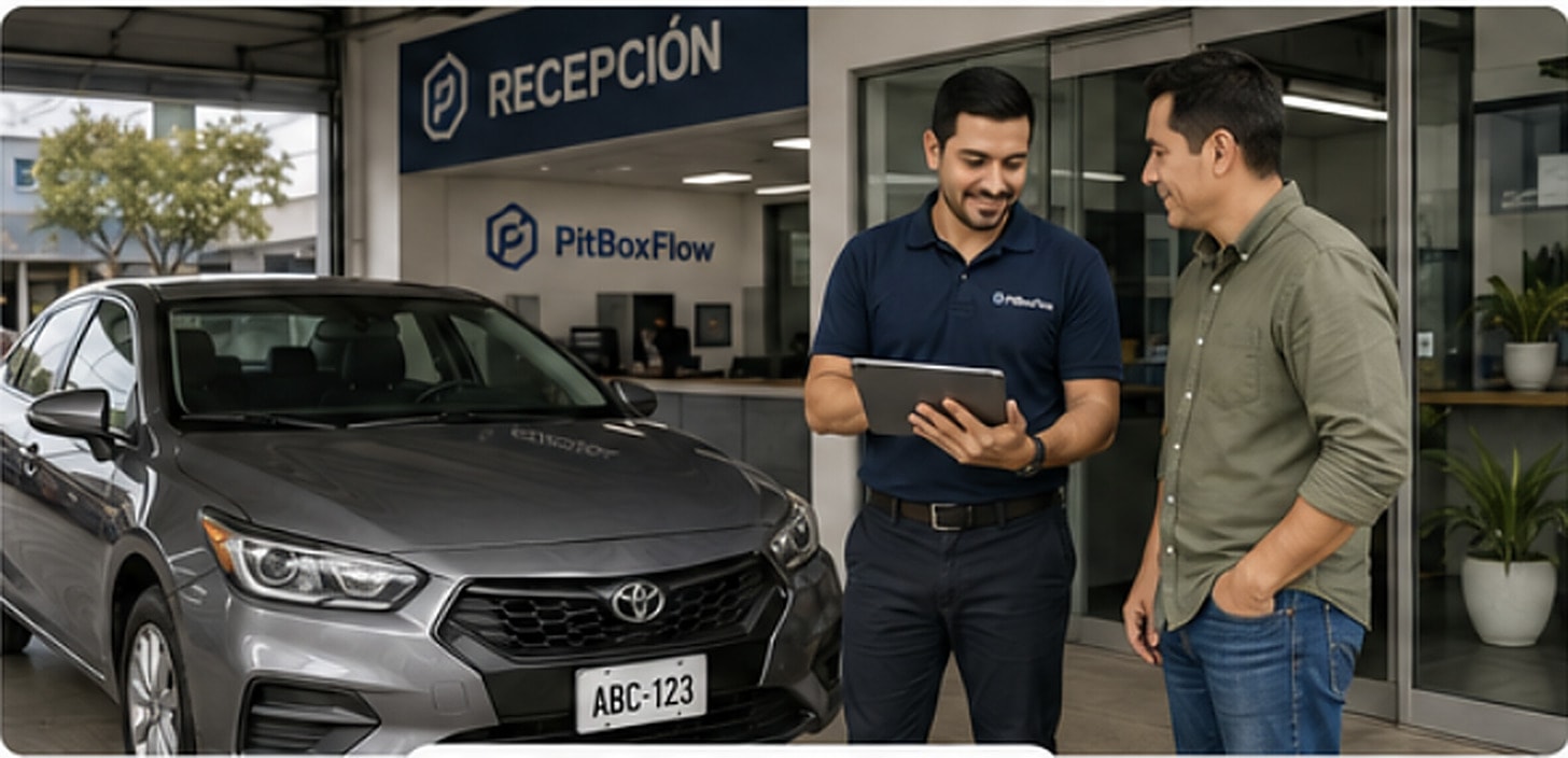 Asesor de taller registrando un vehículo en una tableta junto al cliente en recepción